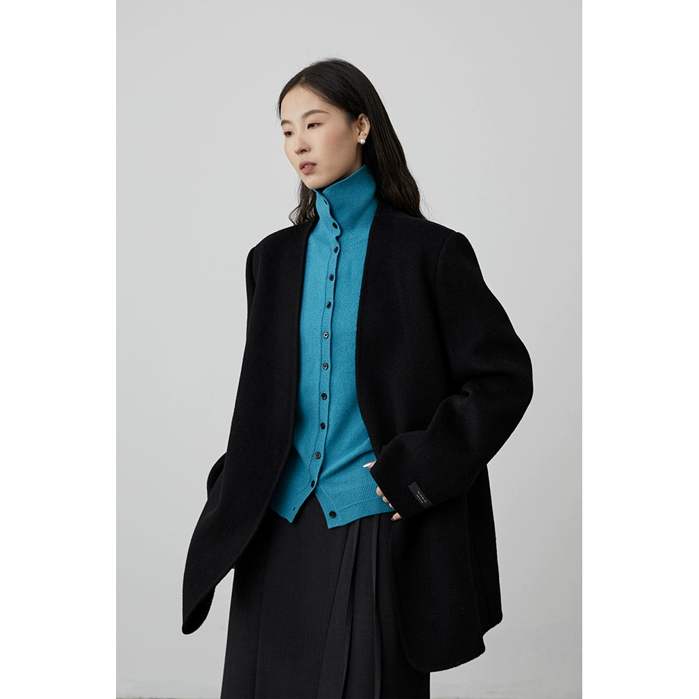 [Traje de lana sin cuello] Chaqueta francesa de pura lana CAREMIND, abrigo corto holgado de lana 