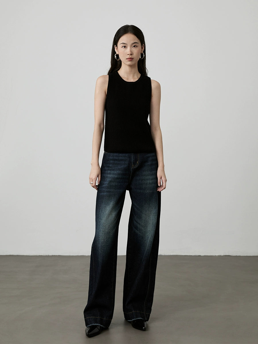 [Chaleco totalmente de lana] Chaleco sin mangas de lana CAREMIND, camiseta de punto con cuello redondo y tiras simples en las sienes 