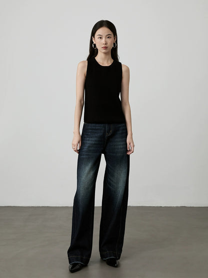 [Chaleco totalmente de lana] Chaleco sin mangas de lana CAREMIND, camiseta de punto con cuello redondo y tiras simples en las sienes 