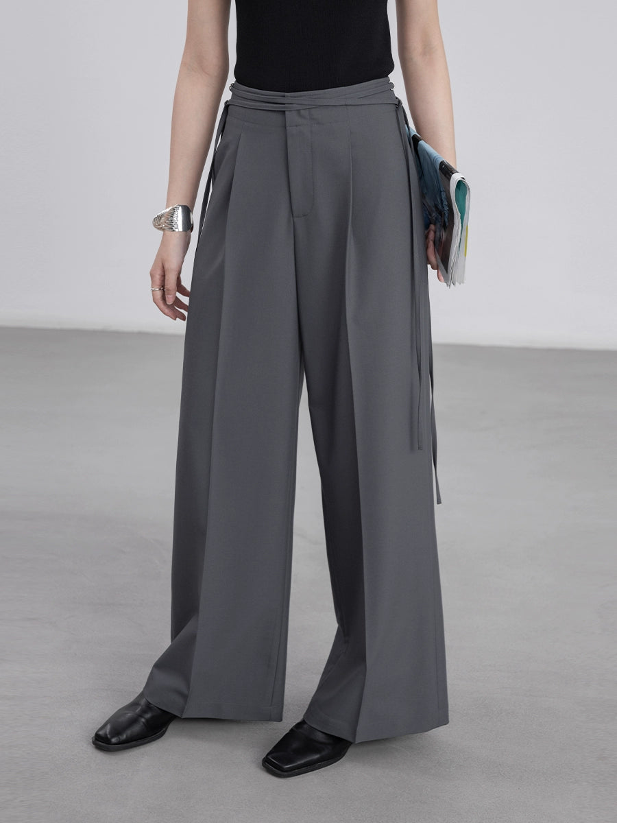 [Oferta por tiempo limitado] Pantalones de traje gris CAREMIND, diseño de mujer, cintura con tiras, pantalones de pierna ancha 