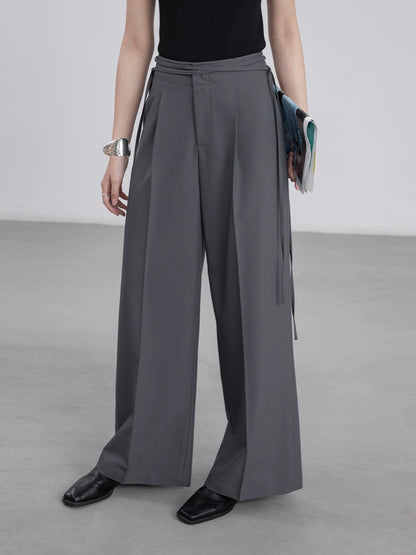 [Oferta por tiempo limitado] Pantalones de traje gris CAREMIND, diseño de mujer, cintura con tiras, pantalones de pierna ancha 