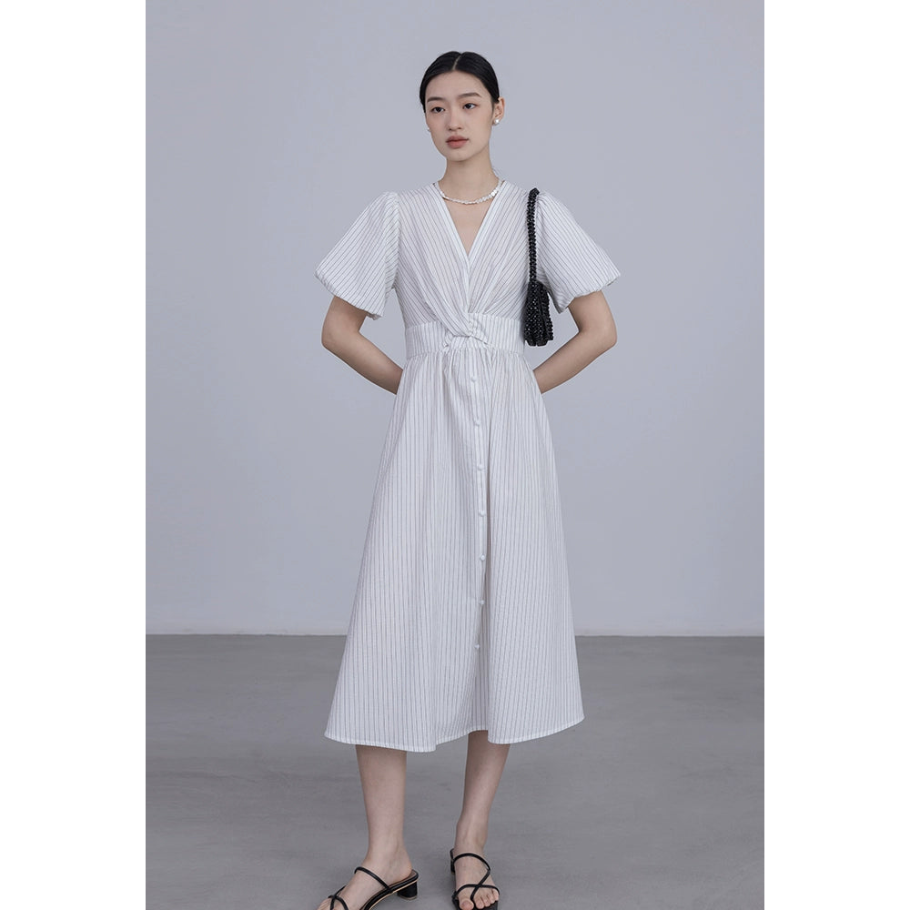 CAREMIND 23SS [Mia] Vestido camisero de mujer con escote en V y rayas, original 