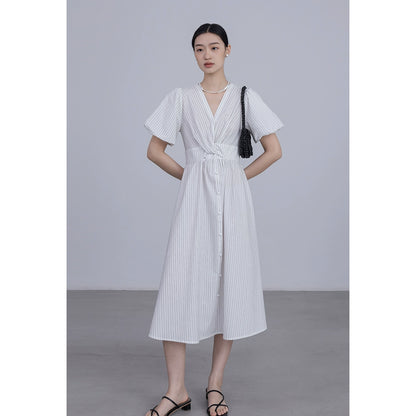 CAREMIND 23SS [Mia] Vestido camisero de mujer con escote en V y rayas, original 