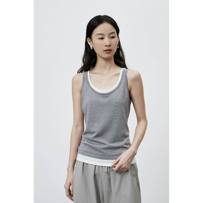 [Fácil de salir a la calle] CAREMINDU - Chaleco de dos piezas con cuello falso a juego de colores, diseño versátil de ropa apilada, camiseta sin mangas para mujer 