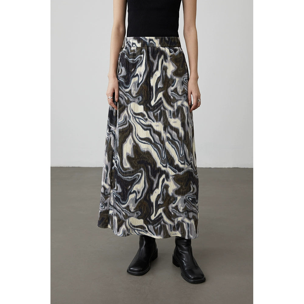 [Shanhaiji] CAREMIND brown and white smudged irregular texture skirt high waist and thin a-word long skirt