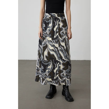 [Shanhaiji] CAREMIND brown and white smudged irregular texture skirt high waist and thin a-word long skirt