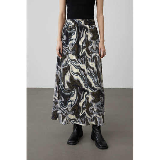 [Shanhaiji] CAREMIND brown and white smudged irregular texture skirt high waist and thin a-word long skirt