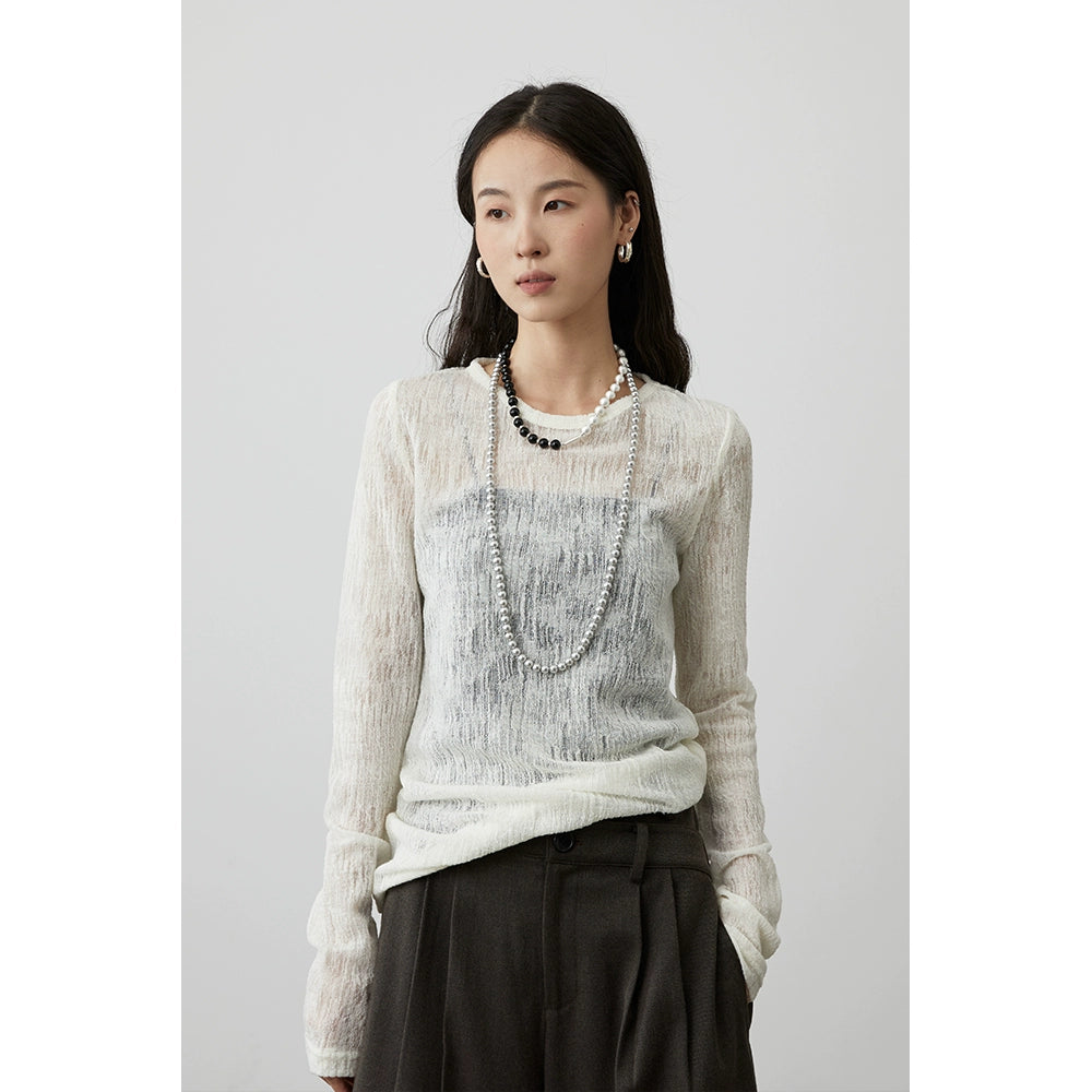 [White Mist Shirt] CAREMIND White Thin Mesh Blouse Texture Hollow Atmosphere Long Sleeve T-Shirt Top