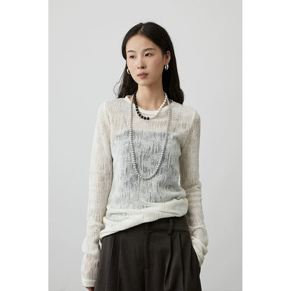 [White Mist Shirt] CAREMIND White Thin Mesh Blouse Texture Hollow Atmosphere Long Sleeve T-Shirt Top