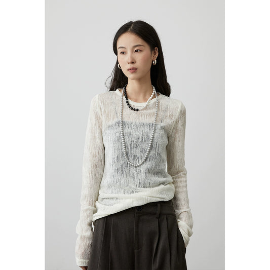 [White Mist Shirt] CAREMIND White Thin Mesh Blouse Texture Hollow Atmosphere Long Sleeve T-Shirt Top