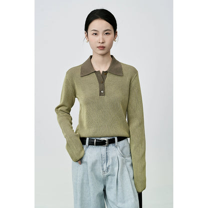 Suéter de punto tipo polo pequeño francés de alta costura CAREMIND con solapa en el hombro delantero en contraste 