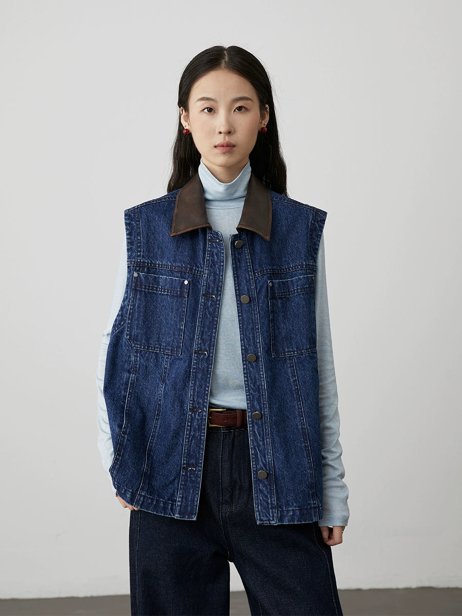 [Road denim] CAREMIND fashionable retro dark blue denim vest contrasting color splicing sleeveless vest jacket