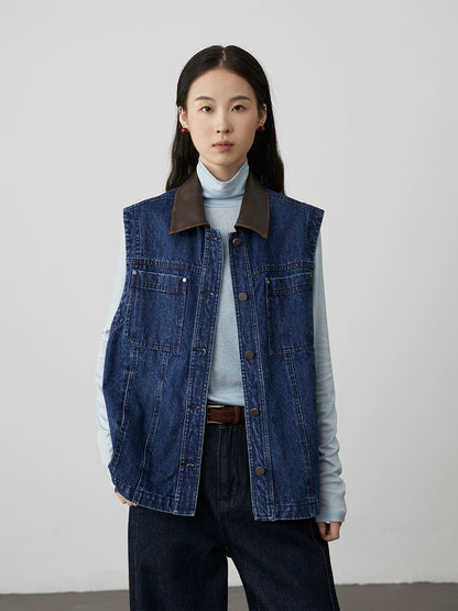 [Road denim] CAREMIND fashionable retro dark blue denim vest contrasting color splicing sleeveless vest jacket