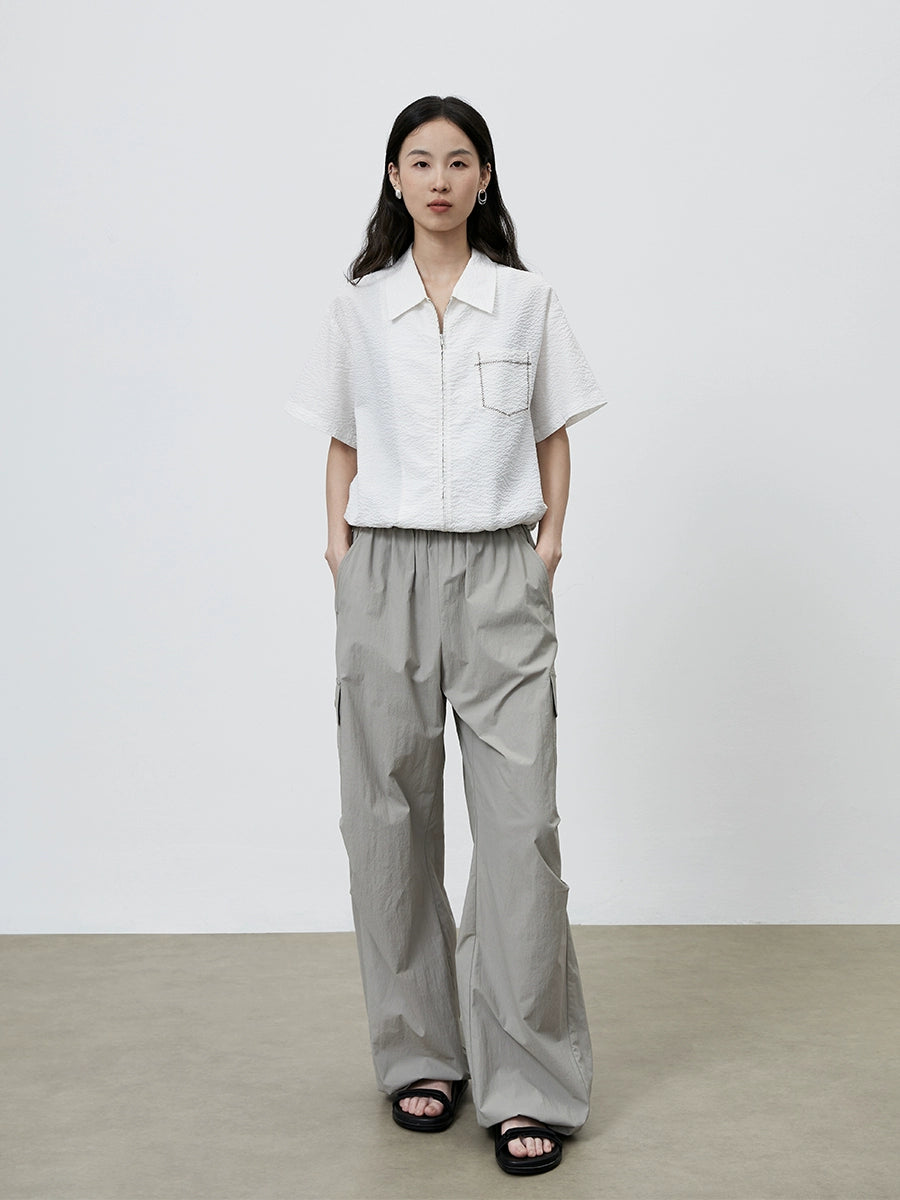 [Mono de montaña] Pantalones de pierna ancha de herramientas grises CAREMIND, pantalones de paracaidista finos y rectos de secado rápido para mujer 