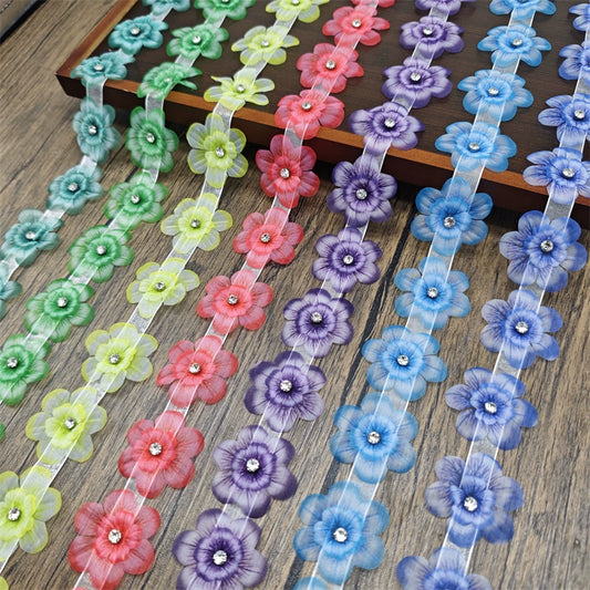 3559★ Ancho 5 cm Color Organza Cambio gradual de color Doble uña Diamantes de imitación Encaje tridimensional Hecho a mano DIY Accesorios decorativos de ropa