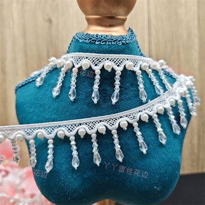 3702 Exquisitos accesorios de encaje con flecos y cuentas blancas, cortinas decorativas para ropa DIY, falda Hanfu, tocado de boda, colgante