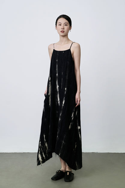 Vestido con tirantes de mezcla de lino y algodón de primera calidad en color negro de CAREMIND, vestido largo con falda tipo paraguas con péndulo grande irregular 