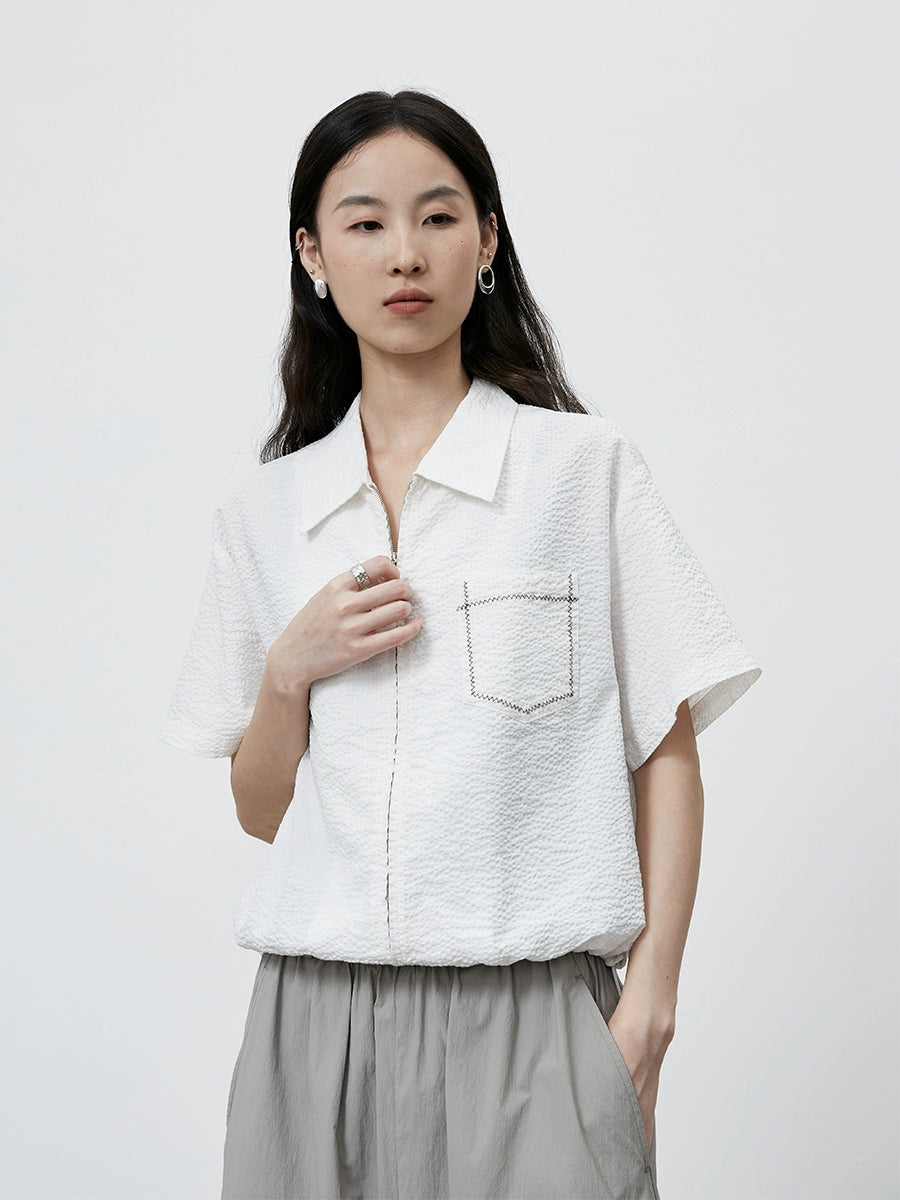 [Sea salt shirt] CAREMIND Japanese-style texture short shirt women's white casual short-sleeved jacket top
