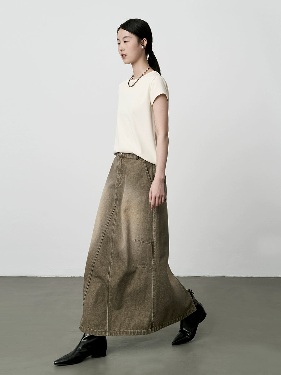 Falda vaquera antigua retro americana CAREMIND 2024, cintura alta, palabra A, falda larga de algodón con abertura 