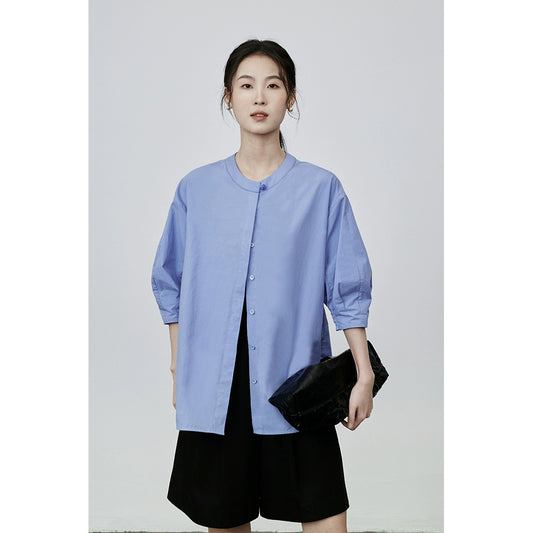 CAREMIND Nueva camisa elegante china con botones, color sólido, otoño, nuevo diseño, camisa de manga media para viajeros 