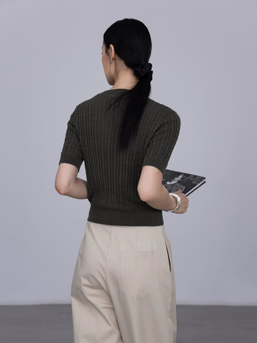 [Special Price] Two-color ramie knitted single-breasted cardigan top shows temperament elastic crew neck short sleeves