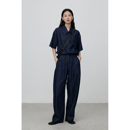 CAREMIND - Polo de mezclilla retro azul oscuro, camisa de manga corta, pantalones vaqueros de pierna ancha para mujer 