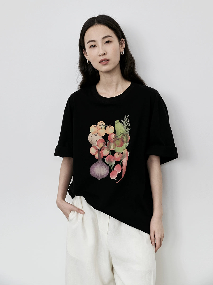 CAREMIND Camiseta con estampado divertido de frutas y verduras de estilo japonés, sencilla, literaria y fresca, de algodón, de manga corta 