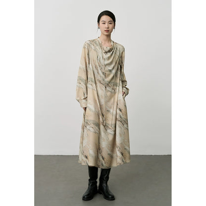 CAREMIND Nouvelle robe à manches longues et à lacets, motif peinture à l'encre de Chine, mi-longue et douce pour la peau, col pivotant