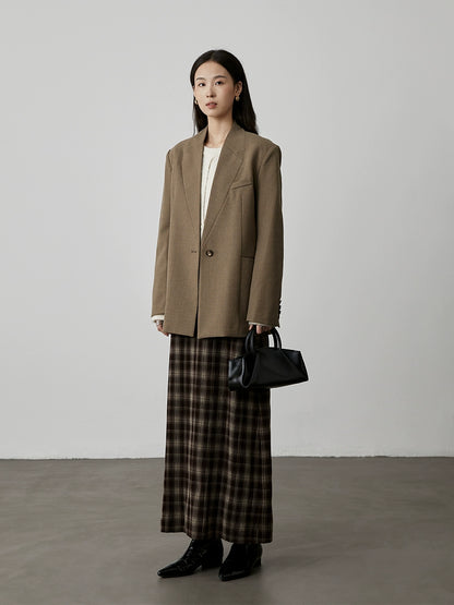 [Latte caliente] Falda ajustada a cuadros color café con temperamento retro de CAREMIND, falda dividida en forma de A con cintura elástica 