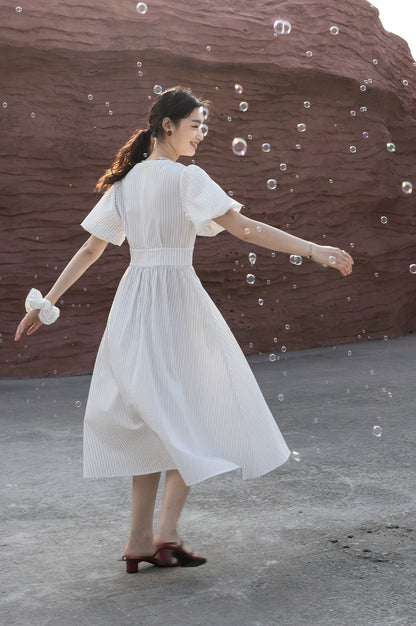 CAREMIND 23SS [Mia] Vestido camisero de mujer con escote en V y rayas, original 