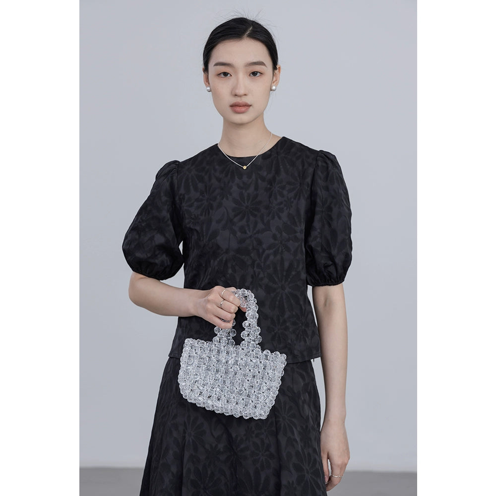 [Oferta por tiempo limitado] Conjunto de dos piezas de camiseta de manga corta con cuello redondo y falda de cintura alta con textura tridimensional en jacquard 