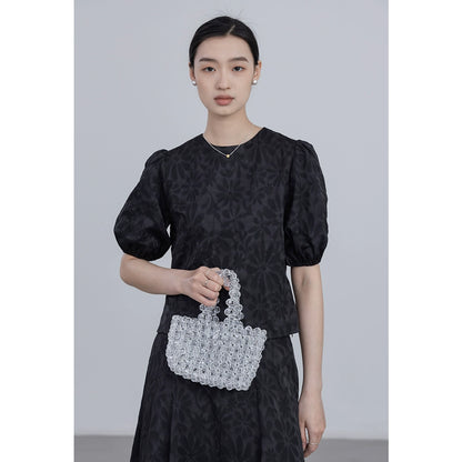 [Oferta por tiempo limitado] Conjunto de dos piezas de camiseta de manga corta con cuello redondo y falda de cintura alta con textura tridimensional en jacquard 