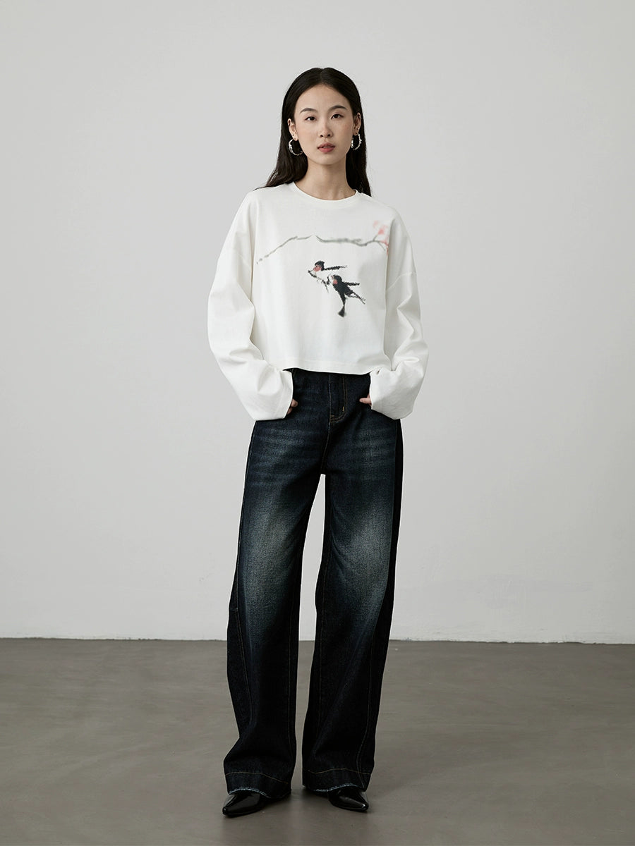 [Swallow Return] CAREMIND Original Creative Long Sleeve Top Small Loose Short T-Shirt Women