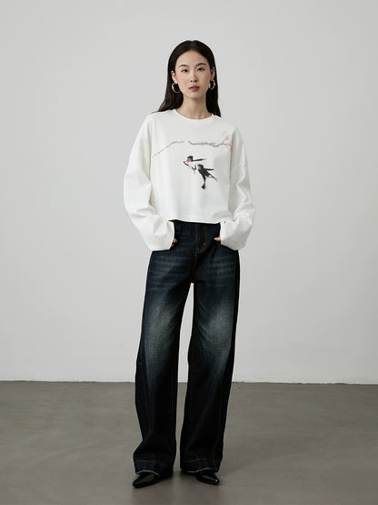 [Swallow Return] CAREMIND Original Creative Long Sleeve Top Small Loose Short T-Shirt Women