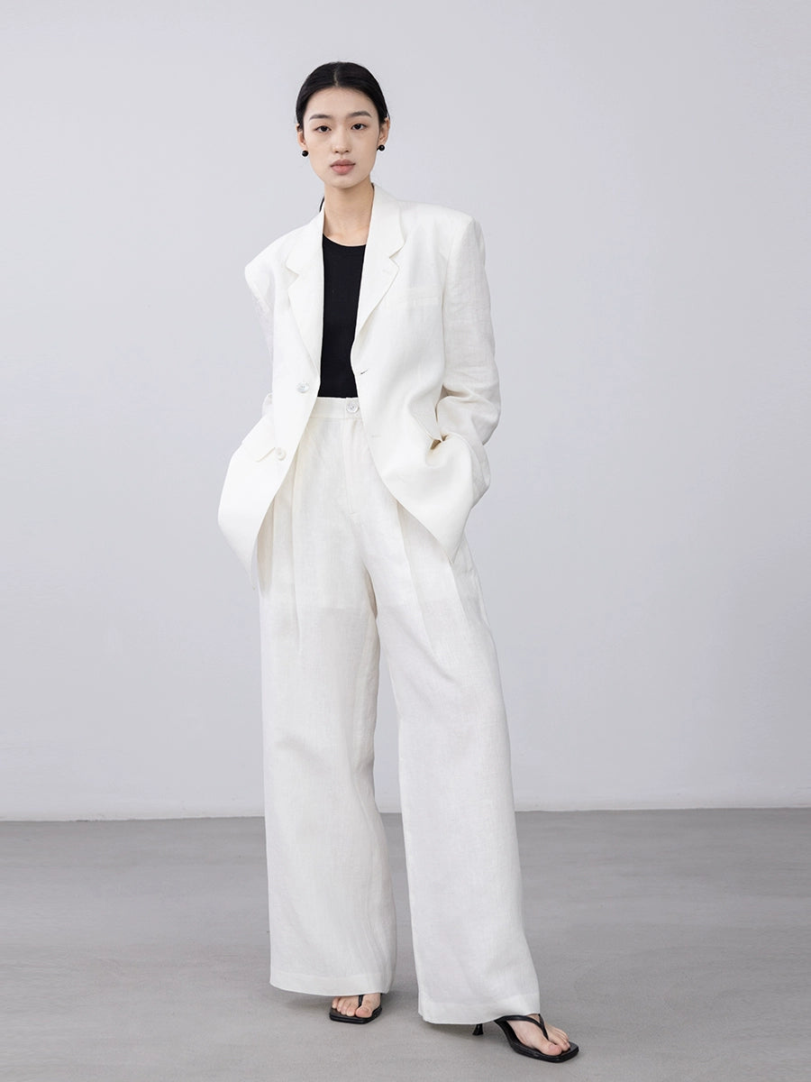 [Oferta por tiempo limitado] Pantalones rectos blancos de lino puro CAREMIND Pantalones casuales versátiles de cintura alta y pierna ancha 