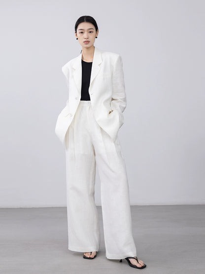 [Oferta por tiempo limitado] Pantalones rectos blancos de lino puro CAREMIND Pantalones casuales versátiles de cintura alta y pierna ancha 