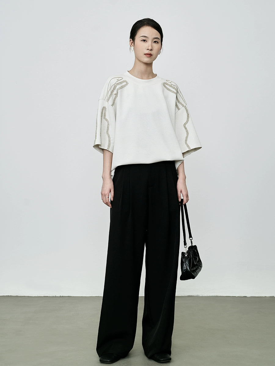 Camiseta informal holgada hecha a mano con cuentas de CAREMIND, patrón de papel industrial pesado, blusa bordada china de manga corta 