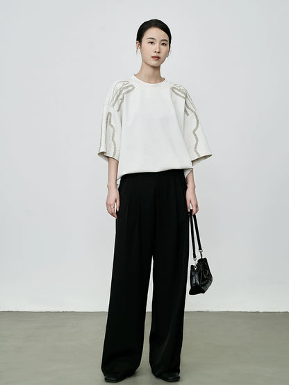 Camiseta informal holgada hecha a mano con cuentas de CAREMIND, patrón de papel industrial pesado, blusa bordada china de manga corta 