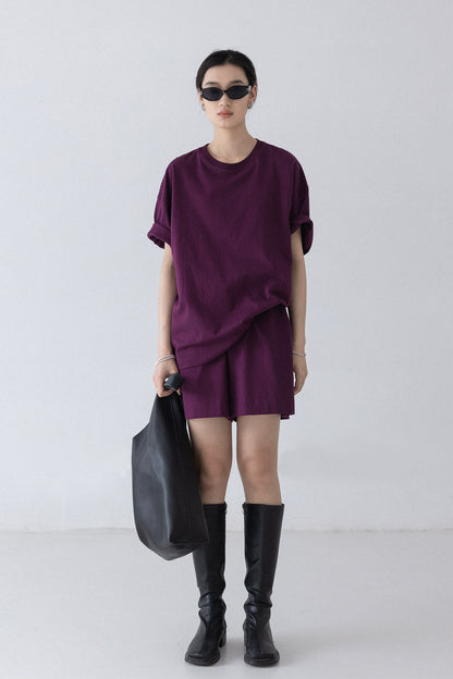[Oferta especial por tiempo limitado] Diseño nuevo de verano simple ahumado morado cuello redondo suelto perezoso camiseta de manga corta traje de mujer 