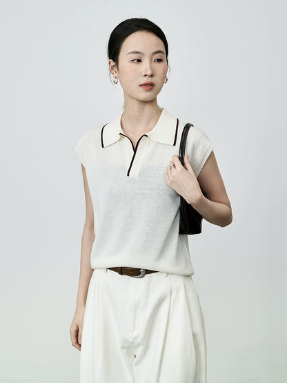 CAREMIND Chaleco tipo polo intelectual de color blanco albaricoque, chaleco elegante con temperamento, suéter de punto con solapa para mujer 