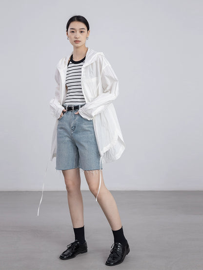 [Oferta por tiempo limitado] Chaqueta tipo cárdigan con capucha y cordón fino para mujer, holgada, a la moda, color blanco, con protección solar 