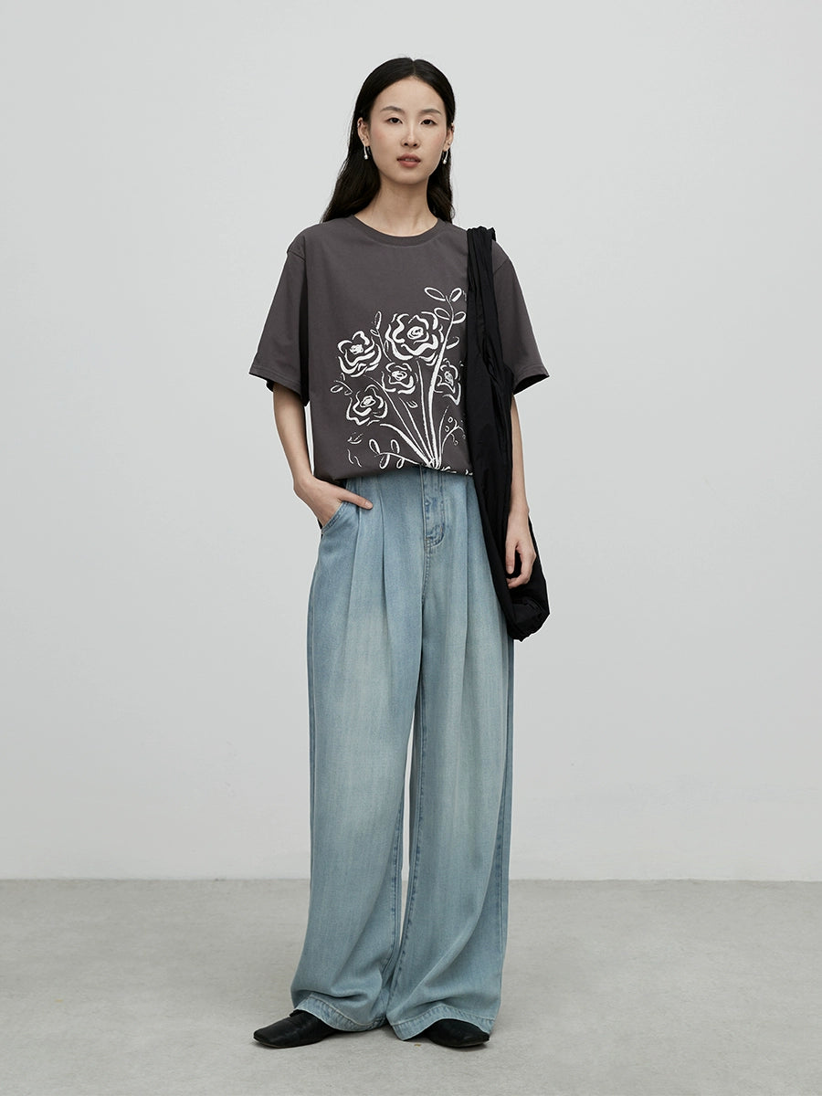 [Wanton growth] CAREMIND summer American loose short-sleeved top chic hand-painted rose crew neck T-shirt