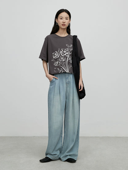 [Wanton growth] CAREMIND summer American loose short-sleeved top chic hand-painted rose crew neck T-shirt