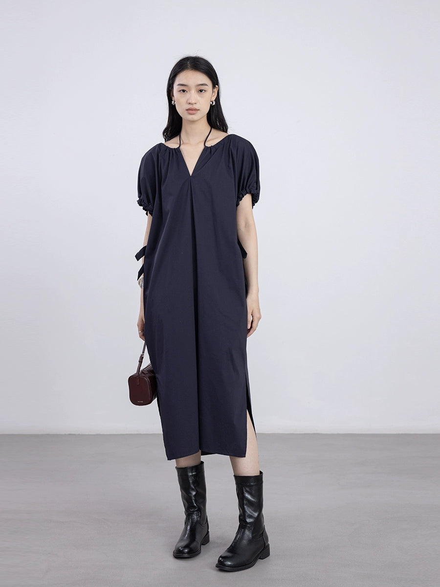 [Oferta especial por tiempo limitado] Vestido de diseño industrial pesado azul marino de alta gama CAREMIND, vestido de encaje sin mangas, mediano y largo 