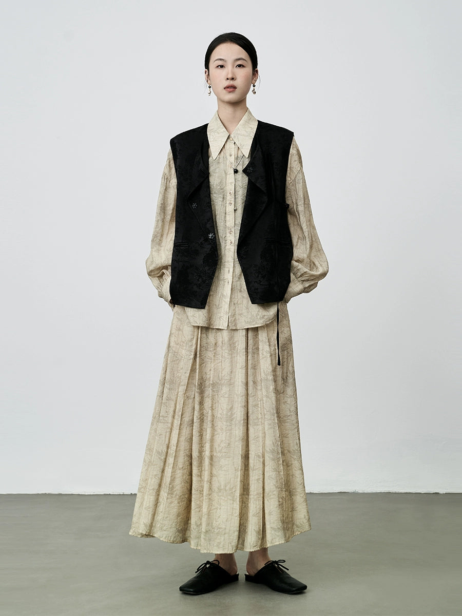 Conjunto chino nuevo CAREMIND 2024, conjunto de dos piezas con camisa y falda plisada con estampado de bambú retro 