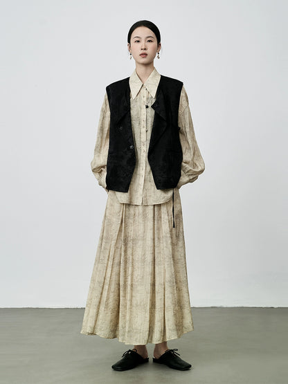 Conjunto chino nuevo CAREMIND 2024, conjunto de dos piezas con camisa y falda plisada con estampado de bambú retro 