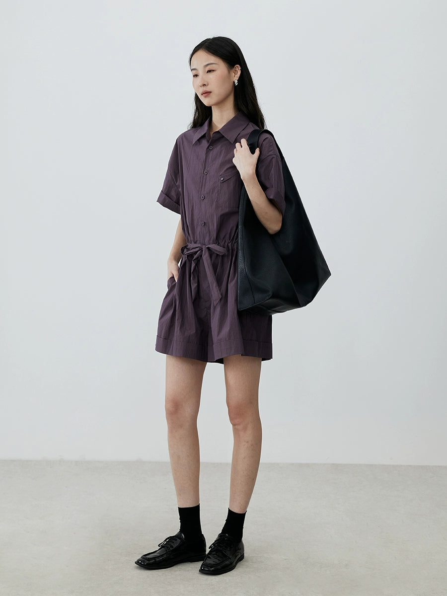[Travel jumpsuit] CAREMIND grape purple jumpsuit summer and Korean version polo lapel top waist shorts