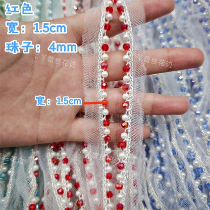 Cinta de encaje con diamantes de imitación de perlas de 1,5 cm de ancho, ideal para hacer puños, escotes, vestidos de novia, correas de hombro, accesorios para el cabello y sombreros.