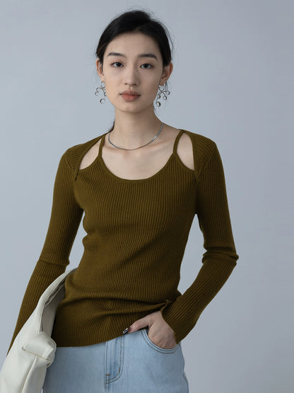 [Oferta por tiempo limitado] Suéter de punto con hombros descubiertos y curvado de primavera acogedor para mujer Premium Sense Saddle Spring Brown Upper 