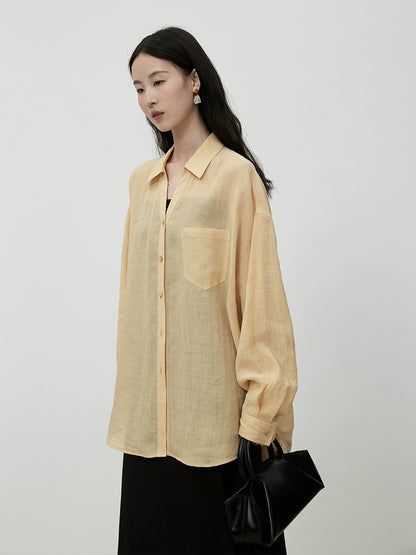 Camisa fina con protector solar de verano CAREMIND Camisa exterior de manga larga amarilla elegante y fresca de Ramie 